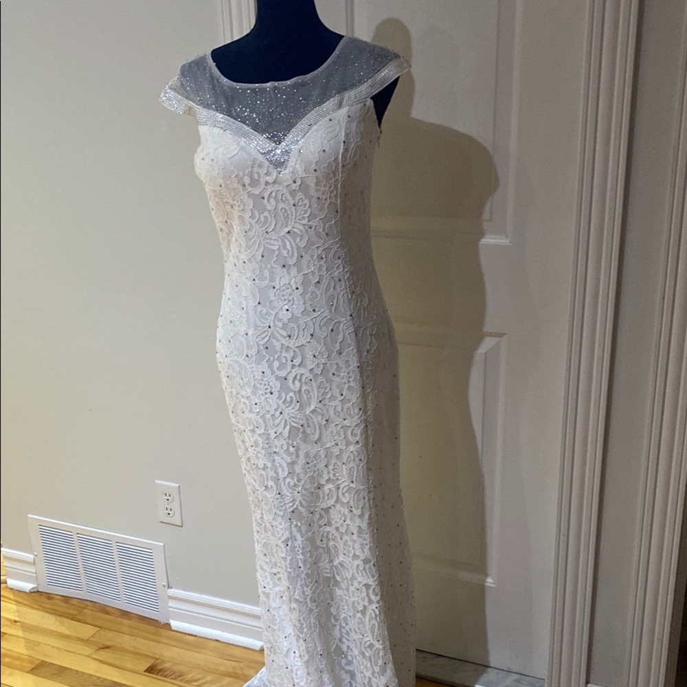 White Sequin Embellished Cap Sleeve Wedding Gown